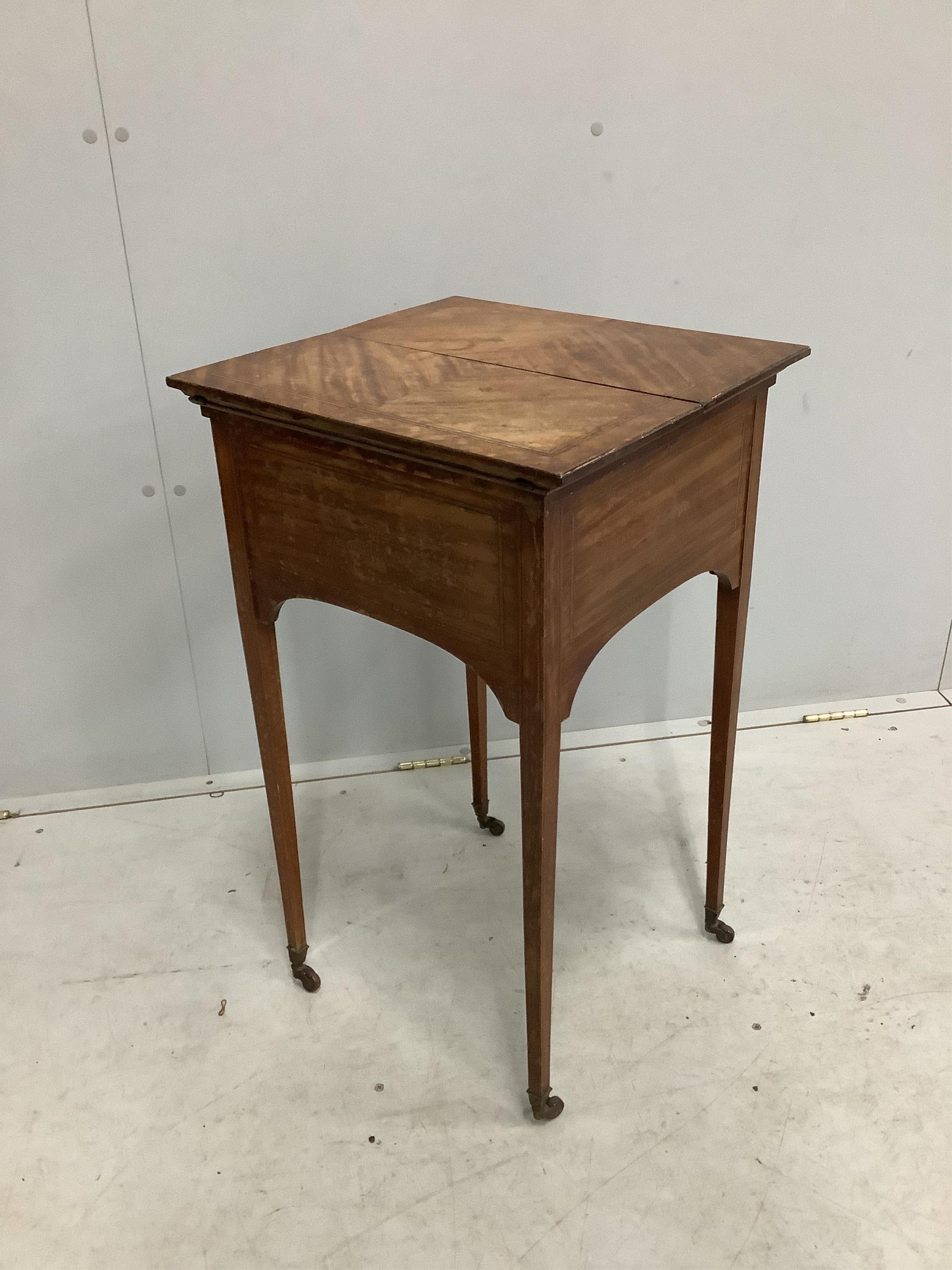 An Edwardian satinwood work table, width 42cm, depth 44cm, height 74cm. Condition - poor to fair